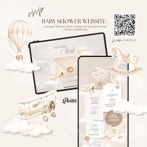 Puede incluir: Una plantilla de sitio web para baby shower con ilustraciones en beige de un globo aerostático, un biplano y un caballito de madera. La pantalla muestra un sobre, detalles del evento para el 11 de agosto de 2026 y un código QR con scan for demo.