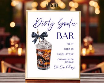 Navy Gold Schleife Dirty Soda Bar Schild Vorlage bearbeitbar Canva navy Party Signature Drink Poster Alkoholfrei Pop Bar Grad Baby Brautdekor