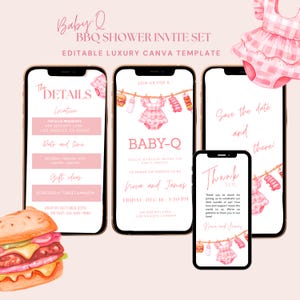 Dusty Pink Baby Q Invitation Girl BBQ Baby Shower Editable Canva Template Digital Baby-Q Gingham Invite Coed Backyard Picnic Sprinkle BPQ1