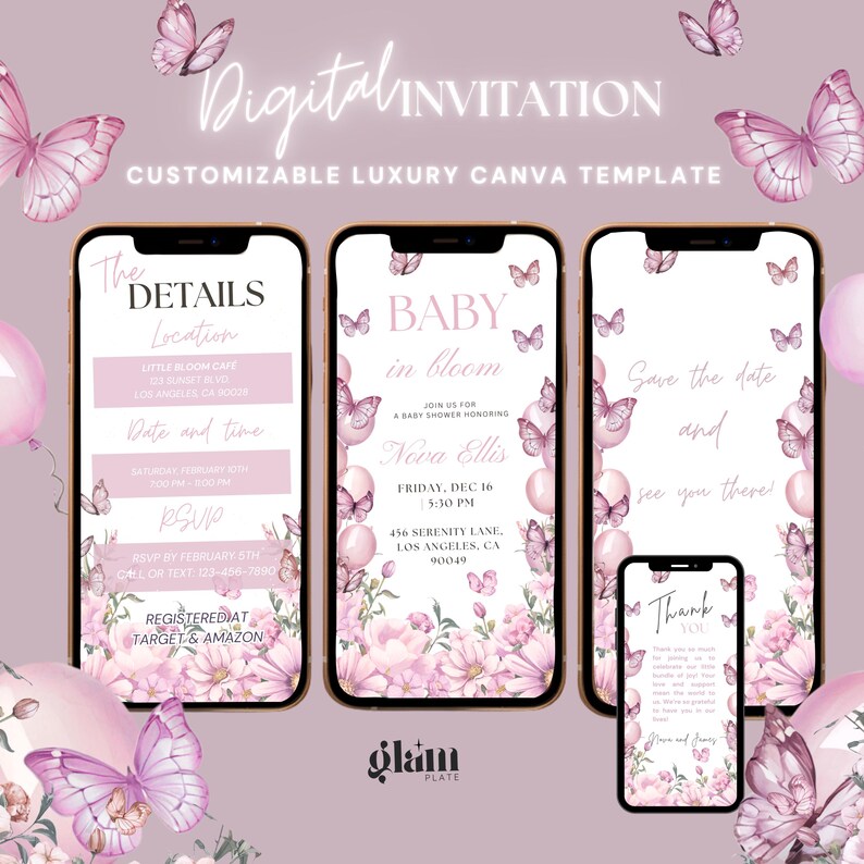 May include: Three digital invitation templates for a baby shower. The first template has details about the event, the second template has the text "Baby in Bloom" and the third template says "Save the date and see you there!" All three templates have a pink and white floral background with butterflies and balloons.