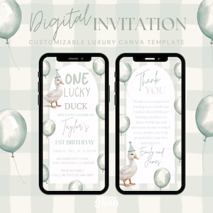 Green One Lucky Duck Birthday Invitation,One lucky duck birthday,lucky duck 1st birthday,lucky duck invite,One lucky duck invite digital