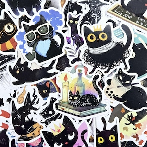 Paquete de 50 pegatinas de gato negro, pegatinas divertidas de gatos, paquete de pegatinas de animales, pegatinas para amantes de los gatos, pegatinas de gatos kawaii, pegatinas troqueladas