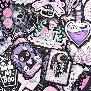 Pack of 50 Skull Stickers, Cute skull stickers, Goth stickers, Dark stickers, Halloween stickers, Pink stickers, Die cut stickers