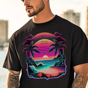 Retro Sunset Synthwave Beach T-Shirt, 80s Neon Palm Trees & Ocean Horizon, Aesthetic Vaporwave Cyberpunk Surf Tee Gift for Men And Women