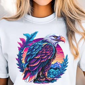 Patriotic Bald Eagle T-Shirt, Vintage USA Wildlife Tee, Colorful Soaring Bird Print, 4th of July American Pride Shirt, Majestic Eagle Art