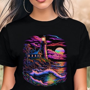 Retro Sunset Lighthouse T-Shirt | Oceanfront Lovers Gift, Vintage Nautical Tee, Coastal Summer Shirt, Beach Vacation Top, Tall Ship Guidance