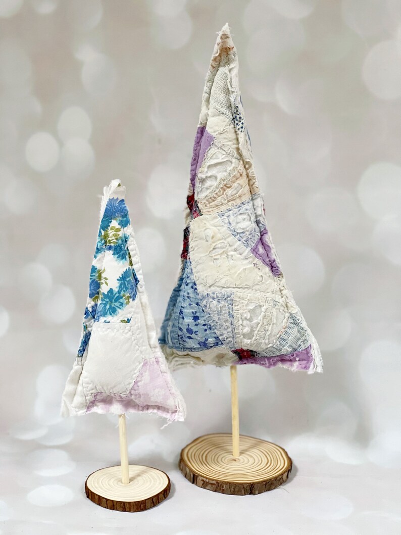 Set of Two Fabric Christmas Trees - Quilted Christmas Trees, Holiday Decor, Heirloom Christmas, Eco Decorations, Country Tree image 2