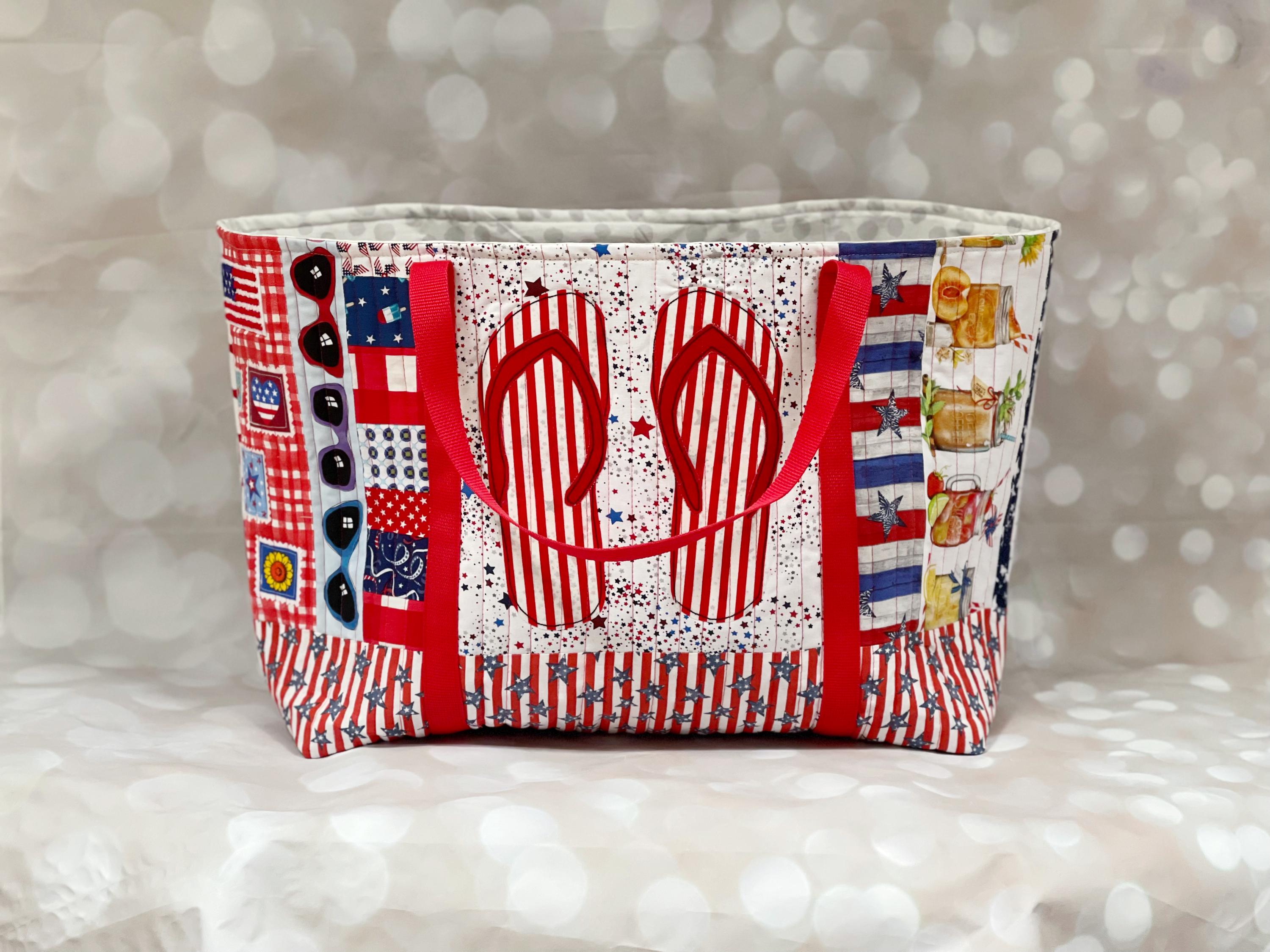 Red White Blue Quilted Tote Bag - Fabric Scrap Bag, Eco Friendly Gift, Recycled Fabric Bag, Scrappy Bag, Eco Shopping Bag, Reusable Bag