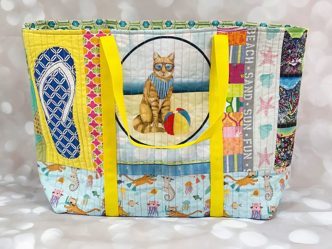 Beach Cat Theme Quilted Tote Bag - Fabric Scrap Bag, Eco Friendly Gift ...