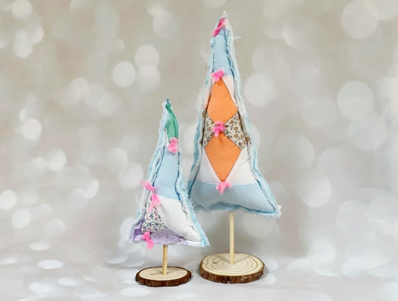 Set of Two Fabric Christmas Trees - Quilted Christmas Trees, Holiday Decor, Scrap Fabric Decor, Heirloom Christmas, Eco Decorations,