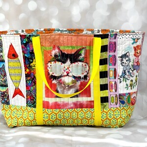 Quirky Cat Quilted Tote Bag - Fabric Scrap Bag, Eco Friendly Gift ...
