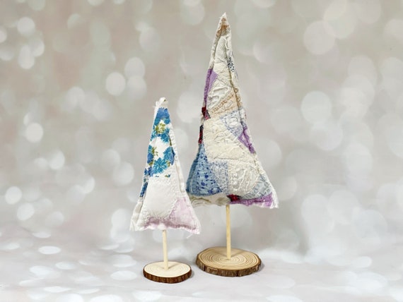 Set of Two Fabric Christmas Trees - Quilted Christmas Trees, Holiday Decor, Heirloom Christmas, Eco Decorations, Country Tree