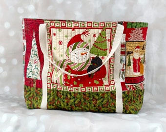 Snowman Christmas Quilted Tote Bag - Fabric Scrap Bag, Eco Friendly Gift, Recycled Fabric Bag, Scrappy Bag, Eco Shopping Bag, Reusable Bag