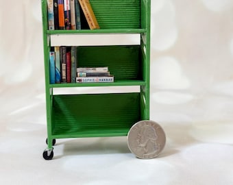 Miniature Library Cart with 15 Books | 1:12 Scale Dollhouse Accessory | 3D Printed, Hand Painted and Distressed | Vintage Library Decor