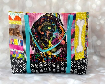 Quilted Rottweiler Dog Tote Fabric Scrap Bag, Eco Friendly Gift, Recycled Fabric Bag, Scrappy Bag, Eco Shopping Bag, Reusable Bag