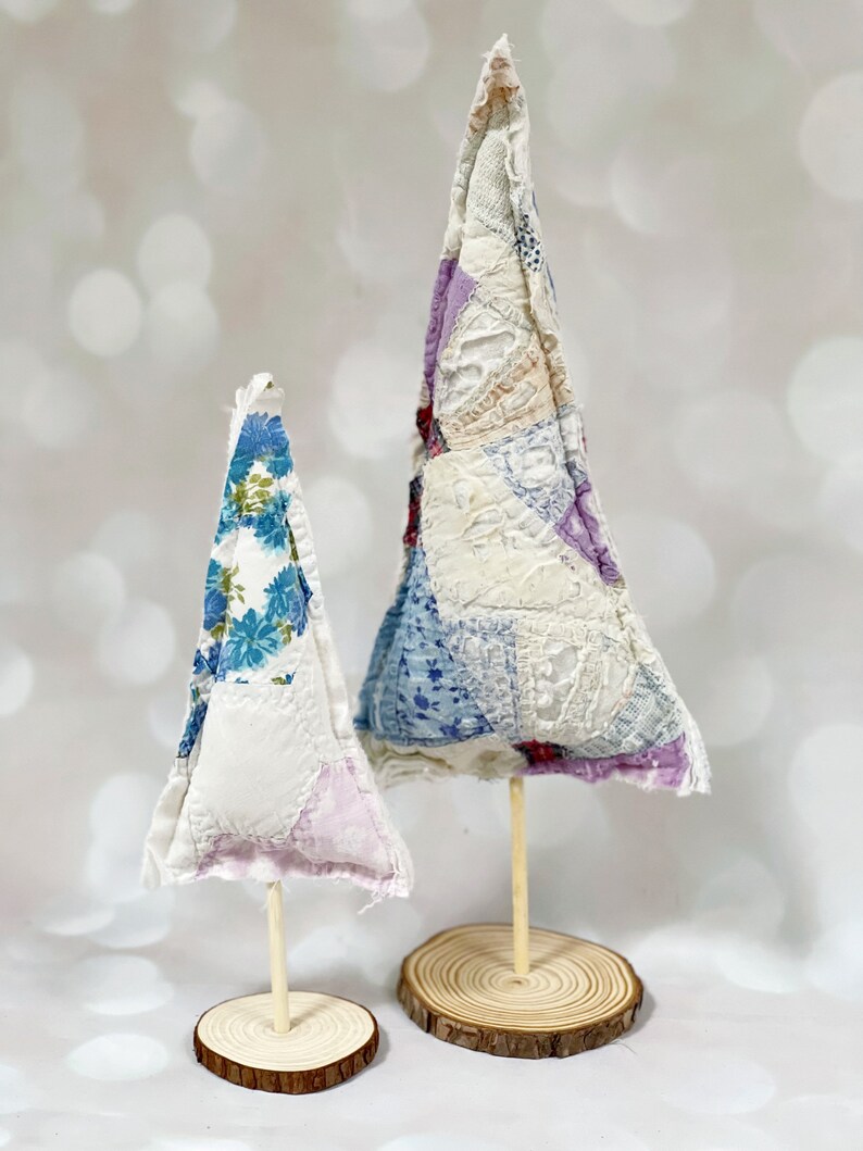 Set of Two Fabric Christmas Trees - Quilted Christmas Trees, Holiday Decor, Heirloom Christmas, Eco Decorations, Country Tree image 4