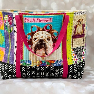 Quilted English bulldog Dog Tote Fabric Scrap Bag, Eco Friendly Gift, Recycled Fabric Bag, Scrappy Bag, Eco Shopping Bag, Reusable Bag