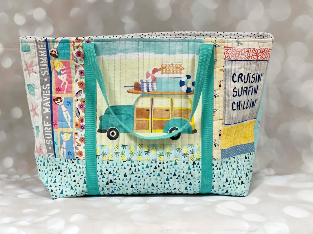 Beach Theme Quilted Tote Bag - Fabric Scrap Bag, Eco Friendly Gift