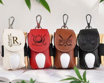 Custom Golf Ball Bag with Name & Engraved Tees, Personalized Leather Golf Pouch, Golf Tee Holder Ball Organizer, Golf Keychain for Men