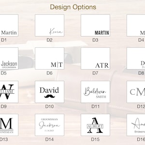 May include: A collection of design options for personalized items. Each design features text, including names like "Martin," "Kevin," and "David," initials, and dates. The designs are displayed on white squares with a wooden background.
