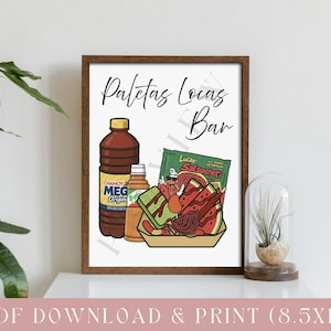 May include: A framed print featuring the text Paletas Locas Bar above an illustration of a brown bottle of Chamoy Mega, a smaller orange bottle, and a paper tray containing green and red watermelon-themed snacks and a Lucas Salsagheti packet.