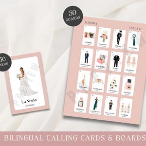 May include: A set of bilingual calling cards and boards for a game. The cards and boards are light pink with illustrations and text. One card features a bride in a wedding dress. The boards have 12 illustrated cards each.