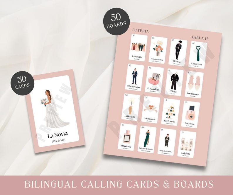 May include: A set of bilingual calling cards and boards for a game. The cards and boards are light pink with illustrations and text. One card features a bride in a wedding dress. The boards have 12 illustrated cards each.