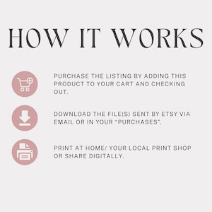 May include: A light beige graphic with the text "HOW IT WORKS" in a dark font. The graphic explains the steps to purchase, download, and print a product. Icons of a shopping cart, a download arrow, and a printer are included.