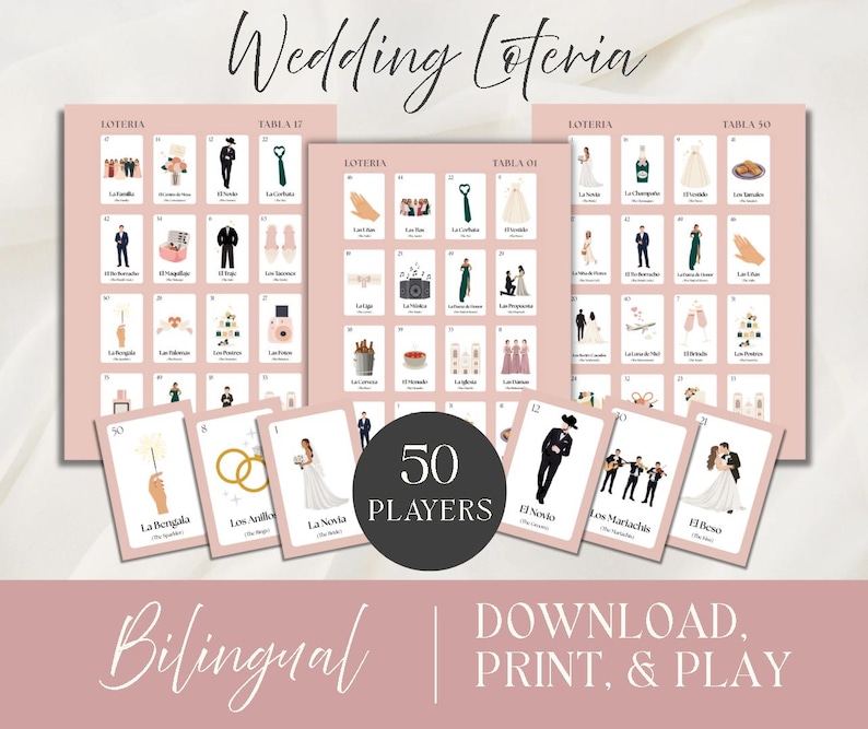 May include: A set of wedding-themed Loteria cards with illustrations and Spanish text. The cards are displayed with the text "Wedding Loteria" at the top. The cards are pink and white, with the text "Bilingual" and "Download, Print, & Play".
