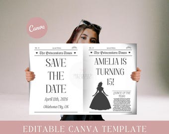 Save the Date Newspaper | Quinceanera Newspaper| Canva Newspaper| Editable Newspaper | Quince Newspaper