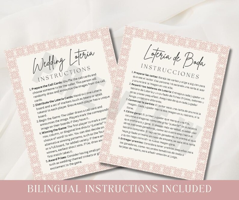 May include: Two cards with instructions for a wedding Loteria game. The cards have a pink floral border and text in English and Spanish. The instructions explain how to play the game, including preparing cards and awarding prizes.