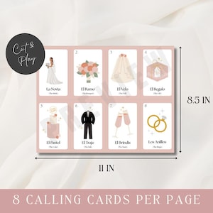 May include: A sheet of eight wedding-themed calling cards, each with a different illustration and Spanish text. The cards are arranged on a pink background, with dimensions of 11 inches by 8.5 inches.