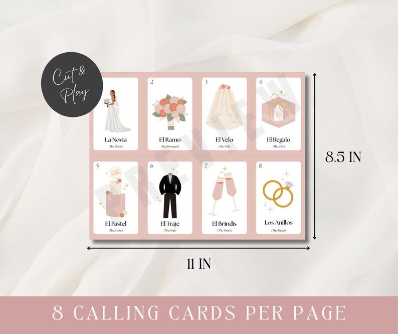 May include: A sheet of eight wedding-themed calling cards, each with a different illustration and Spanish text. The cards are arranged on a pink background, with dimensions of 11 inches by 8.5 inches.