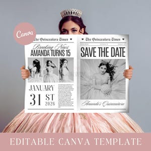 Mis Quince Años | Editable Newspaper Save the Date | Quinceañera Invitation Template | Canva Quinceanera Template