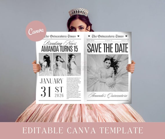 Mis Quince Años | Editable Newspaper Save the Date | Quinceañera Invitation Template | Canva Quinceanera Template