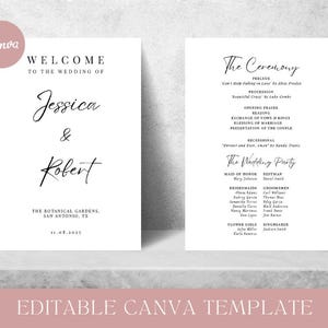 May include: Two white wedding signs with black text. One says "Welcome to the Wedding of Jessica & Robert" and the other lists the ceremony details and wedding party. The Canva logo is in the upper left corner.