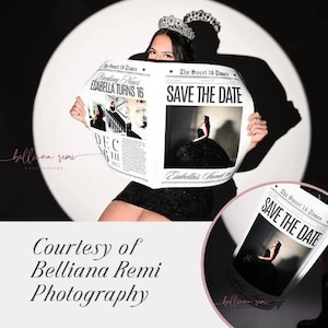 May include: A custom newspaper prop titled The Sweet 16 Times featuring the headline Breaking News Esabella Turns 16 and Save The Date. The newspaper includes photographs of a person in a black gown and a tiara, with the date December 16th 2025.