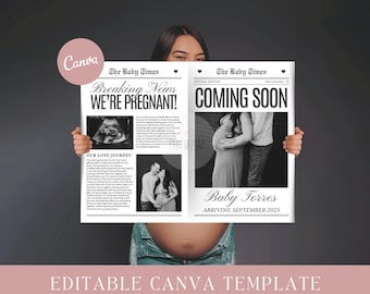 Canva-krantzwangerschapsaankondiging, babyaankondiging, krantenbabyshower, bewerkbare krantensjabloon, baby onderweg