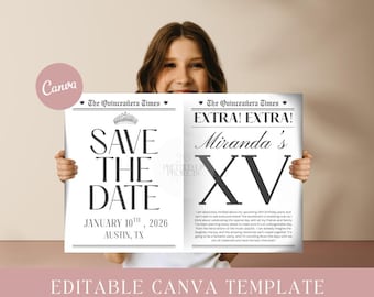 XV Save the Date Newspaper | Quinceanera Newspaper| Canva Newspaper| Editable Newspaper | XV Newspaper