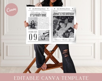 Plantilla de periódico de cumpleaños / Periódico de cumpleaños personalizado / Periódico de cumpleaños Canva / Periódico de cumpleaños grande / Periódico para sesión de fotos