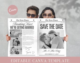 Save The Date Invitation, Newspaper Engagement Announcement, Wedding Save the Date, Editable Newspaper, Canva Wedding Newspaper Template