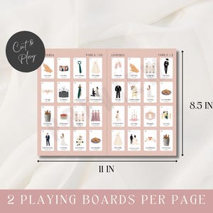 May include: A blush-colored game board with two tables of Loteria cards, each featuring wedding-themed illustrations. The board measures 11 inches wide and 8.5 inches high. The text "Cut & Play" is in a black circle. The text "2 PLAYING BOARDS PER PAGE" is at the bottom.
