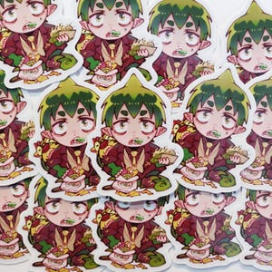 May include: A collection of stickers featuring an anime-style character with green hair and a burgundy suit. The character is holding a plate of food and has a slightly distressed expression. The stickers have a white border.
