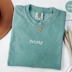 May include: A light green t-shirt with the word "feisty" embroidered on the front in white. The shirt is made of a soft, comfortable fabric and has a relaxed fit.