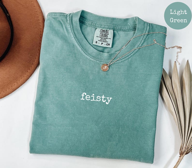 May include: A light green t-shirt with the word "feisty" embroidered on the front in white. The shirt is made of a soft, comfortable fabric and has a relaxed fit.