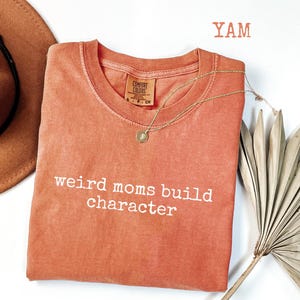 May include: A coral-coloured Comfort Colors t-shirt with the text "weird moms build character" in white. A gold necklace with a pendant is draped on the shirt. A brown hat and dried palm leaf are in the background.