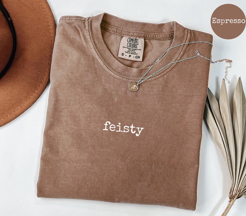 May include: A brown t-shirt with the word "feisty" printed in white on the front. The shirt is made of a soft, comfortable fabric and has a relaxed fit.