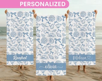 Custom Name Towel Personalized Bachelorette Party Beach Towel Seashells Coquette Bridesmaid Gift Birthday Vacation Coastal Towel Girls Trip