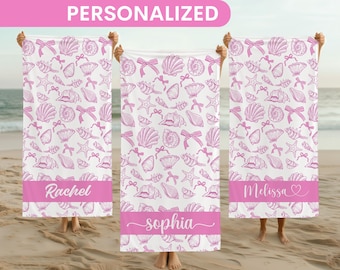 Custom Name Towel Personalized Bachelorette Party Beach Towel Seashells Coquette Bridesmaid Gift Birthday Vacation Coastal Towel Girls Trip