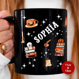 Personalized Gift for Book Lover Reading Ghost Mug Spooky Teacher Halloween Coffee Cup Fall Coffee Mug Cute Ghost Black Mug Gift for Readers